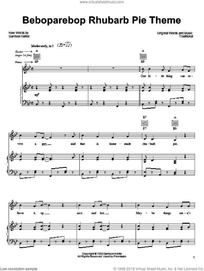 Beboparebop Rhubarb Pie Theme sheet music for voice, piano or guitar by Garrison Keillor and Miscellaneous, intermediate skill level