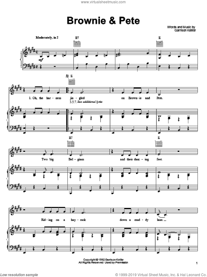 Brownie and Pete sheet music for voice, piano or guitar by Garrison Keillor, intermediate skill level