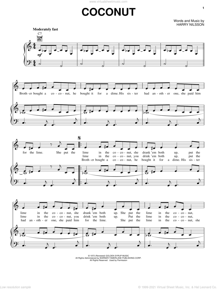 Coconut sheet music for voice, piano or guitar by Harry Nilsson, intermediate skill level