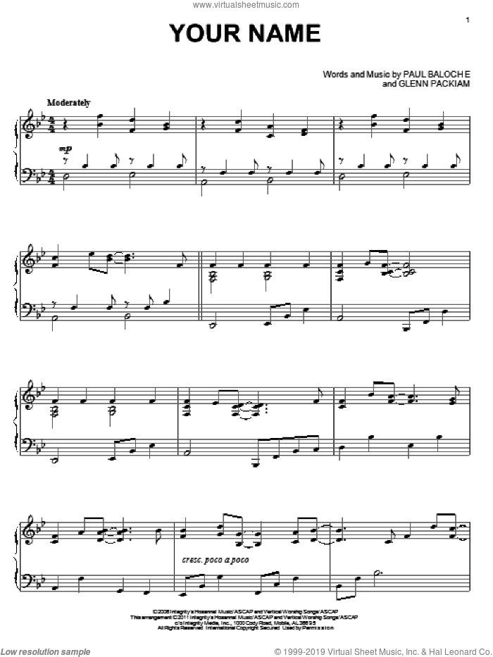 Your Name sheet music for piano solo by Paul Baloche, Phillips, Craig & Dean and Glenn Packiam, intermediate skill level