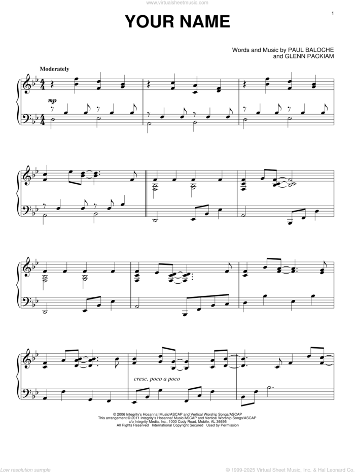Your Name, (intermediate) sheet music for piano solo by Paul Baloche, Phillips, Craig & Dean and Glenn Packiam, intermediate skill level