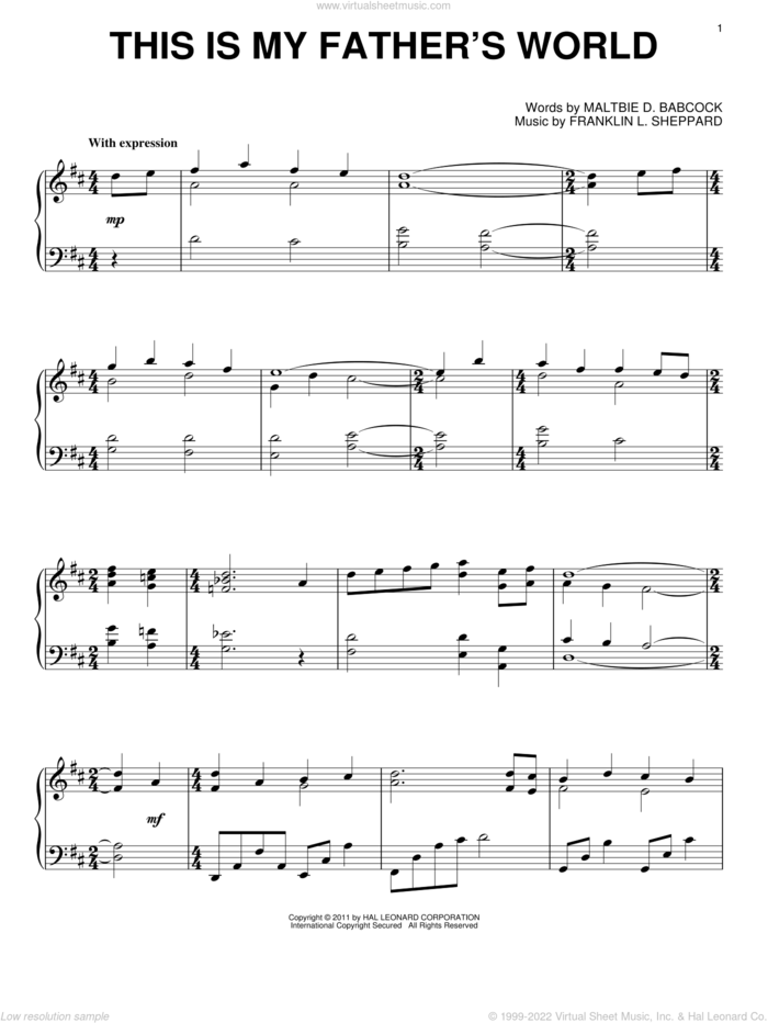 This Is My Father's World sheet music for piano solo by Maltbie D. Babcock and Franklin L. Sheppard, intermediate skill level