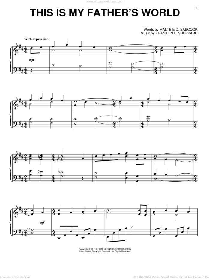 This Is My Father's World sheet music for piano solo by Maltbie D. Babcock and Franklin L. Sheppard, intermediate skill level