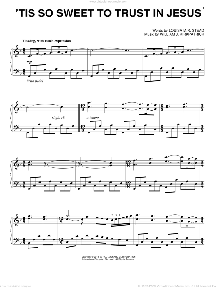 'Tis So Sweet To Trust In Jesus sheet music for piano solo by Louisa M.R. Stead and William J. Kirkpatrick, intermediate skill level