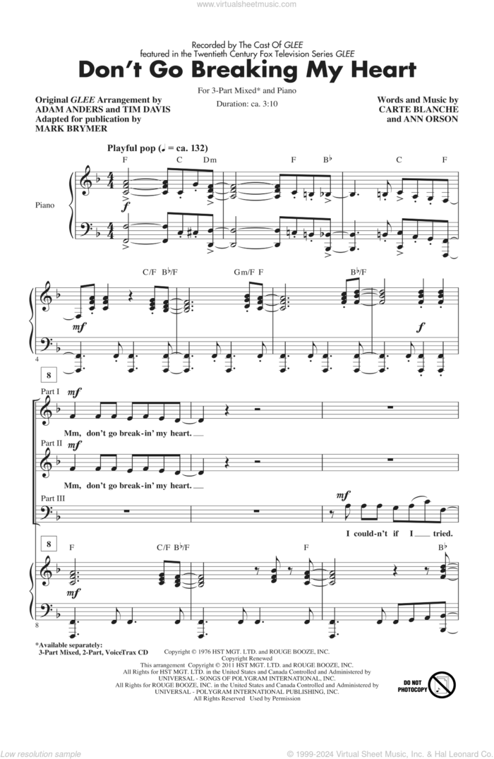 Don't Go Breaking My Heart (arr. Mark Brymer) sheet music for choir (3-Part Mixed) by Mark Brymer, Adam Anders, Ann Orson, Carte Blanche, Tim Davis, Elton John, Glee Cast and Miscellaneous, intermediate skill level