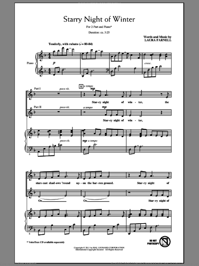 Starry Night Of Winter sheet music for choir (2-Part) by Laura Farnell, intermediate duet