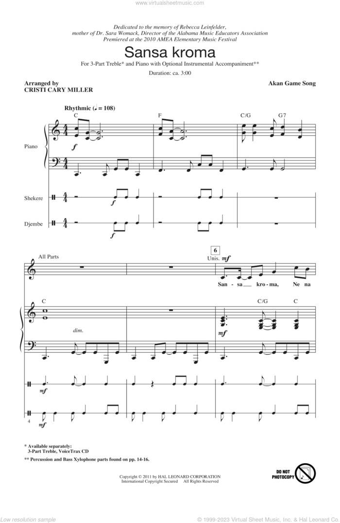 Sansa Kroma (arr. Cristi Cary Miller) sheet music for choir (3-Part Treble) by Akan Game Song and Cristi Cary Miller, intermediate skill level