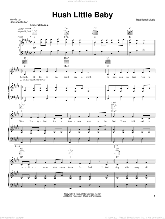 Hush Little Baby sheet music for voice, piano or guitar by Garrison Keillor and Miscellaneous, intermediate skill level
