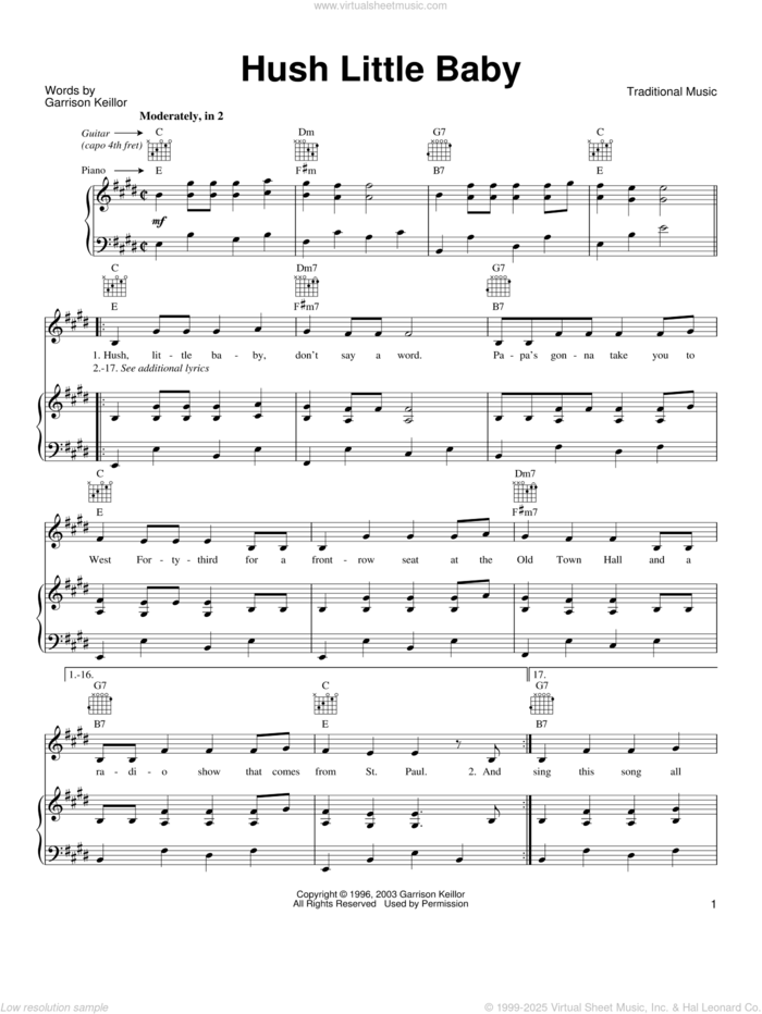 Hush Little Baby sheet music for voice, piano or guitar by Garrison Keillor and Miscellaneous, intermediate skill level