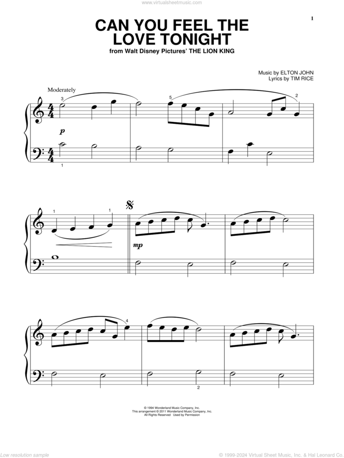 Can You Feel The Love Tonight (from The Lion King) sheet music for piano solo by Elton John, The Lion King and Tim Rice, wedding score, beginner skill level