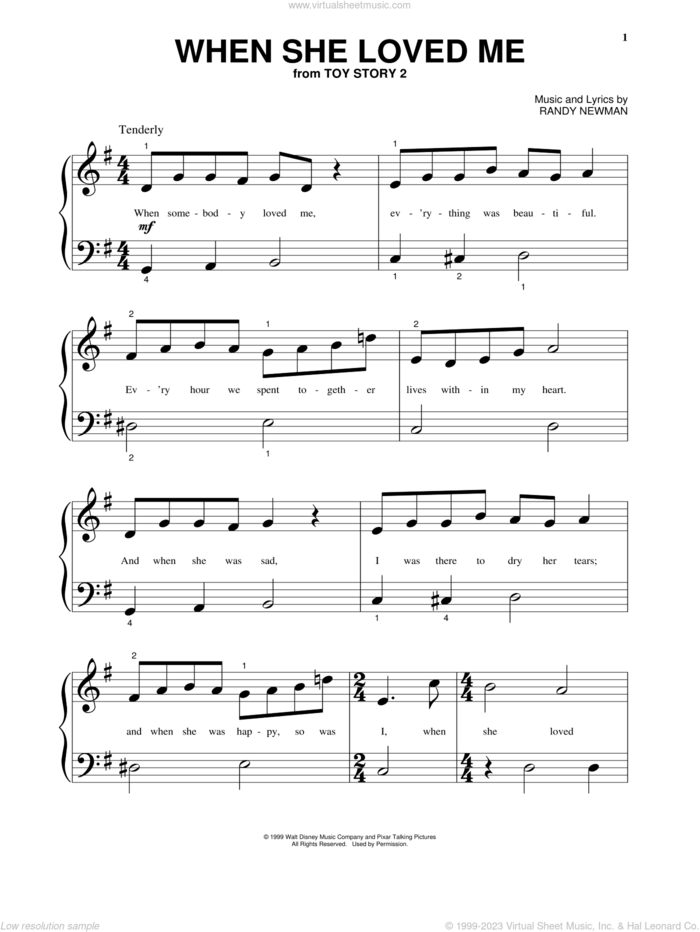 When She Loved Me (from Toy Story 2) sheet music for piano solo by Sarah McLachlan, Toy Story 2 (Movie) and Randy Newman, beginner skill level