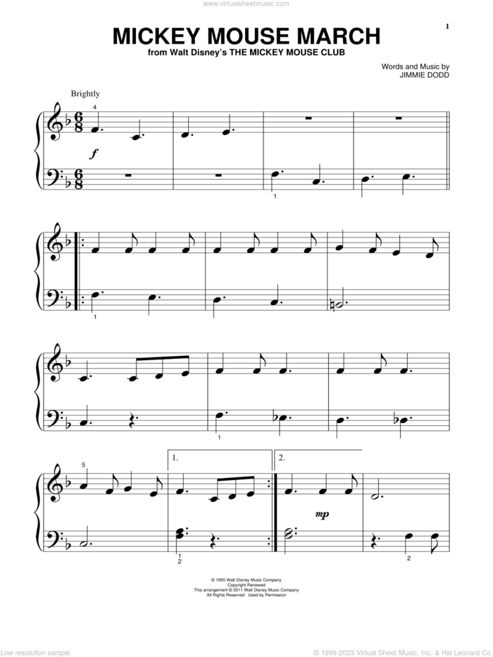 Mickey Mouse March (from The Mickey Mouse Club) sheet music for piano solo by Jimmie Dodd, beginner skill level