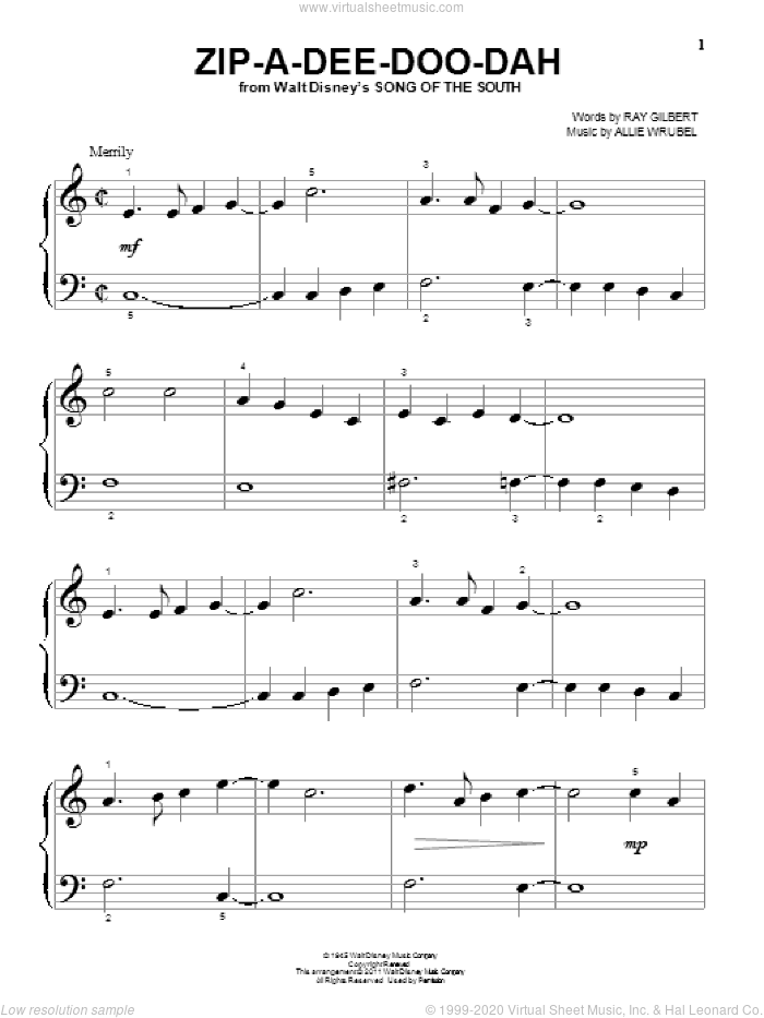 Zip-A-Dee-Doo-Dah (from Song Of The South), (beginner) (from Song Of The South) sheet music for piano solo by Ray Gilbert, James Baskett and Allie Wrubel, beginner skill level