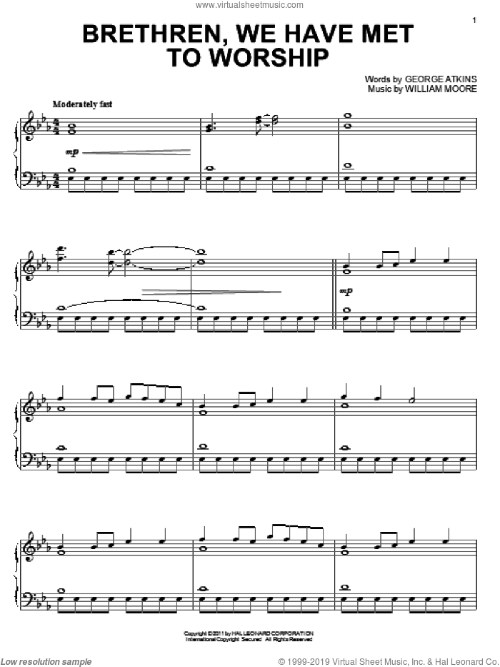 Brethren, We Have Met To Worship (from Images: Sacred Piano Reflections) sheet music for piano solo by George Atkins and William Moore, intermediate skill level