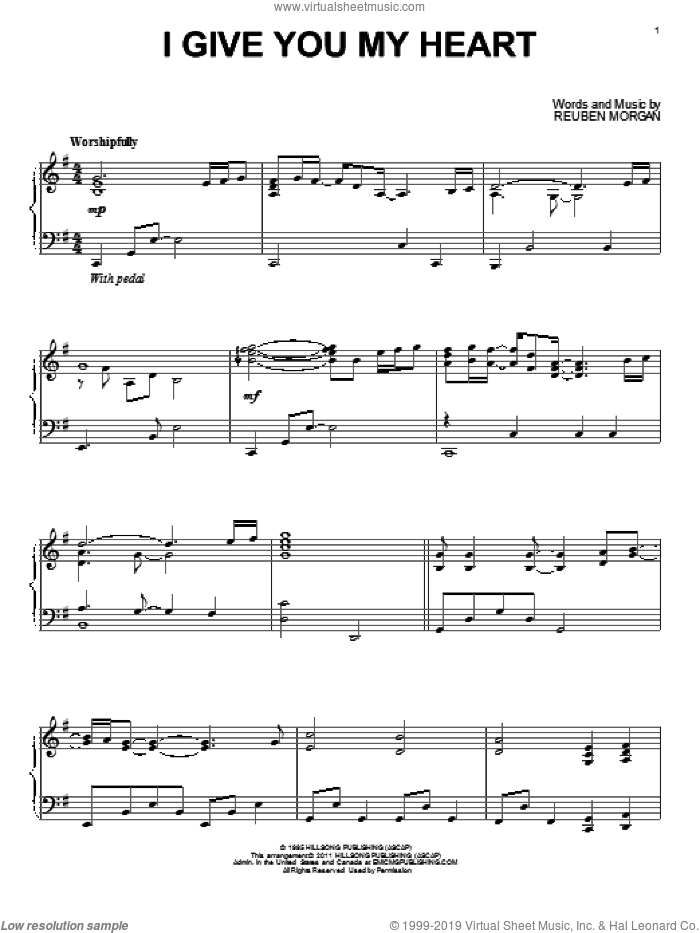 I Give You My Heart sheet music for piano solo by Reuben Morgan and Hillsong Worship, intermediate skill level