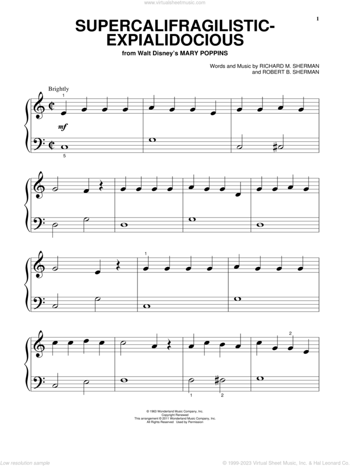 Supercalifragilisticexpialidocious (from Mary Poppins), (beginner) sheet music for piano solo by Sherman Brothers, Julie Andrews, Richard M. Sherman and Robert B. Sherman, beginner skill level