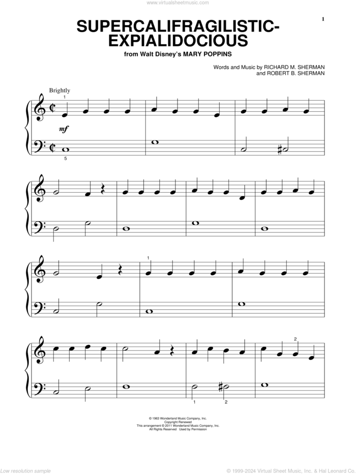 Supercalifragilisticexpialidocious (from Mary Poppins), (beginner) sheet music for piano solo by Sherman Brothers, Julie Andrews, Richard M. Sherman and Robert B. Sherman, beginner skill level