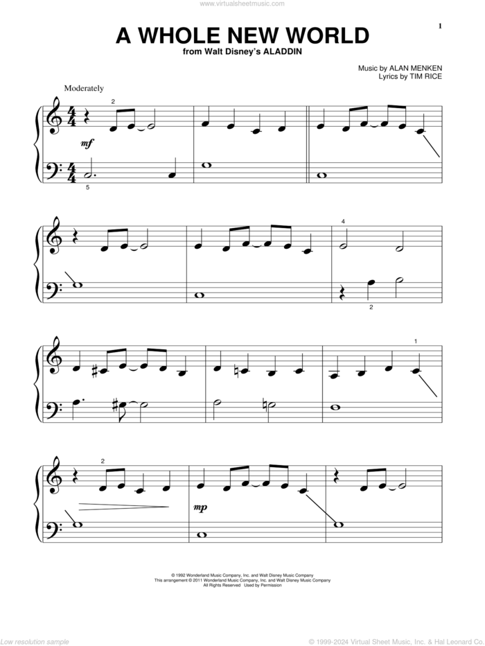 A Whole New World (from Aladdin) sheet music for piano solo by Alan Menken, Alan Menken & Tim Rice and Tim Rice, wedding score, beginner skill level