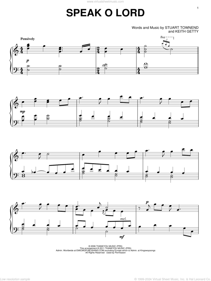 Speak O Lord sheet music for piano solo by Keith & Kristyn Getty, Keith Getty and Stuart Townend, intermediate skill level