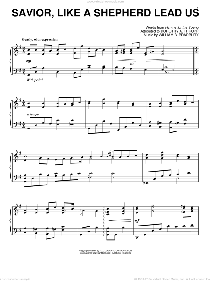 Savior, Like A Shepherd Lead Us sheet music for piano solo by William B. Bradbury and Dorothy A. Thrupp, wedding score, intermediate skill level