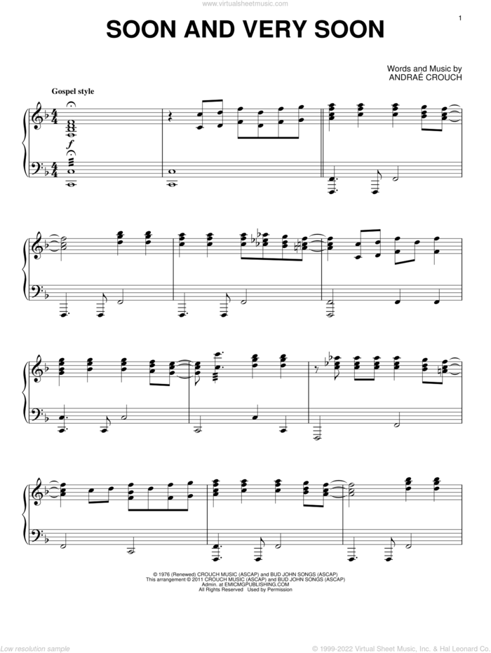 Soon And Very Soon, (intermediate) sheet music for piano solo by Andrae Crouch and Andrae Crouch, intermediate skill level