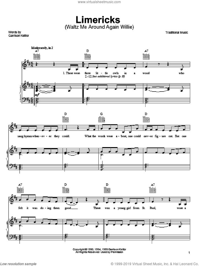 Limericks (Waltz Me Around Again Willie) sheet music for voice, piano or guitar by Garrison Keillor and Miscellaneous, intermediate skill level