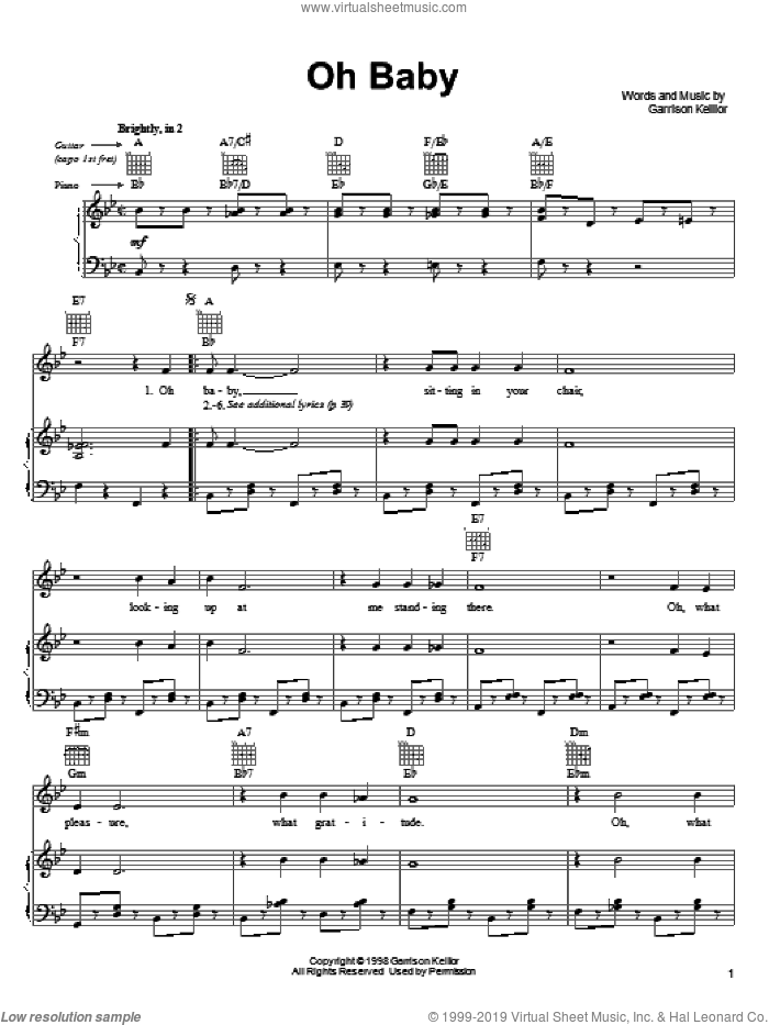 Oh Baby sheet music for voice, piano or guitar by Garrison Keillor, intermediate skill level