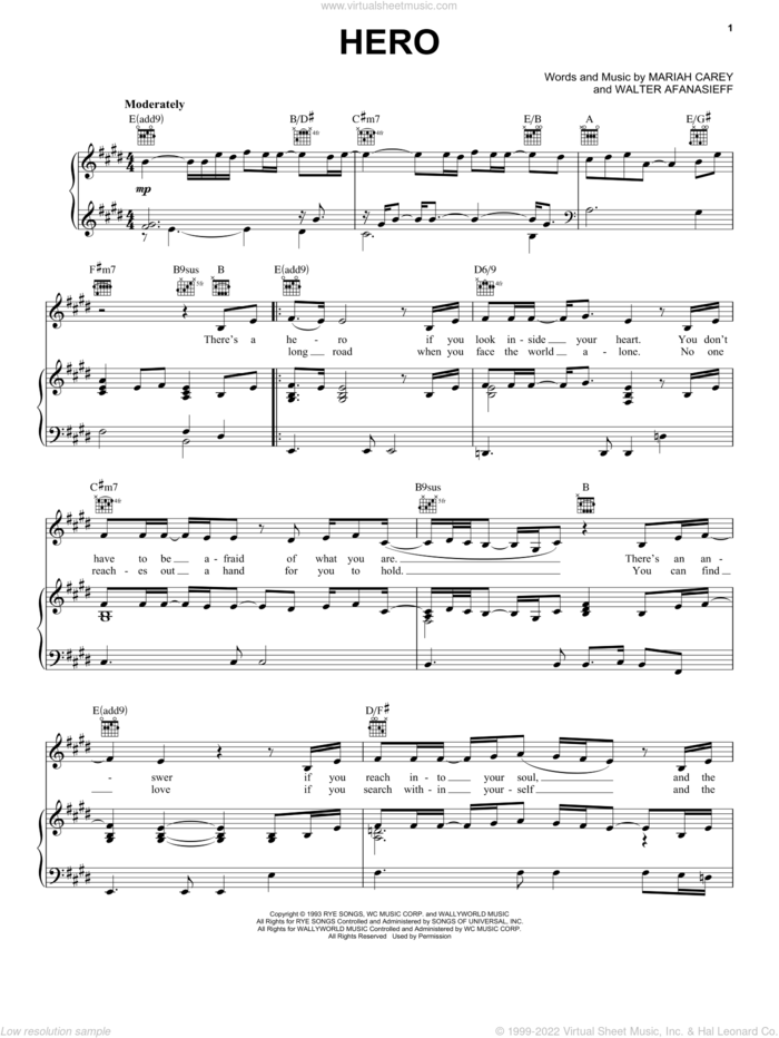 Hero sheet music for voice, piano or guitar by Mariah Carey and Walter Afanasieff, intermediate skill level