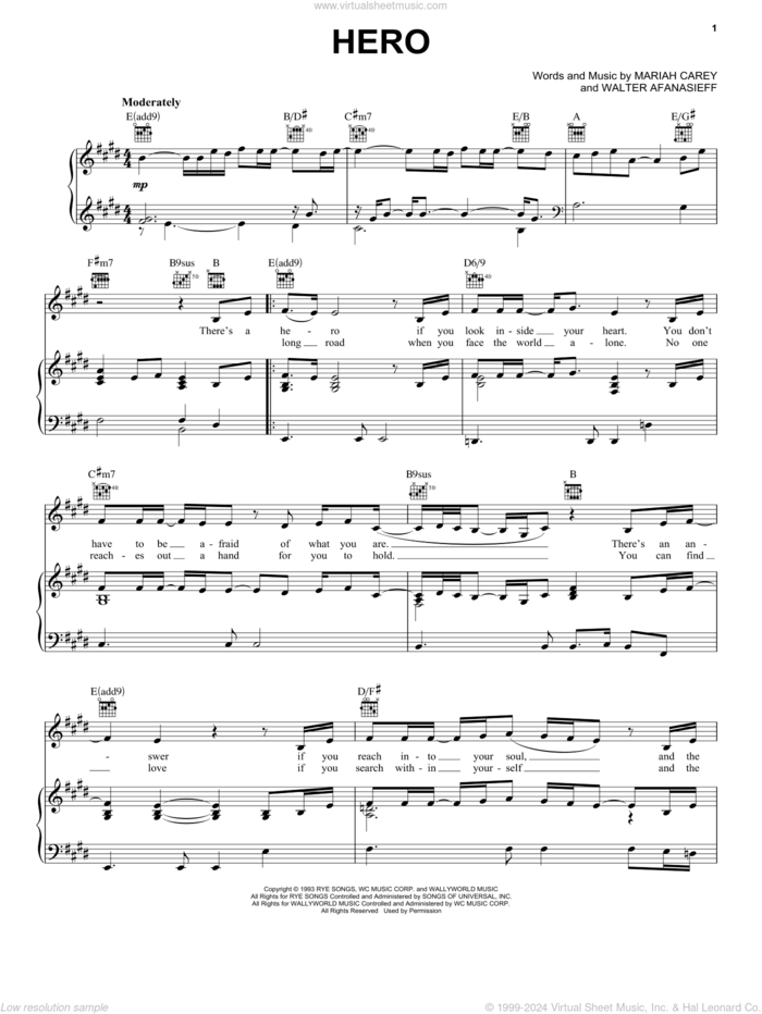 Hero sheet music for voice, piano or guitar by Mariah Carey and Walter Afanasieff, wedding score, intermediate skill level