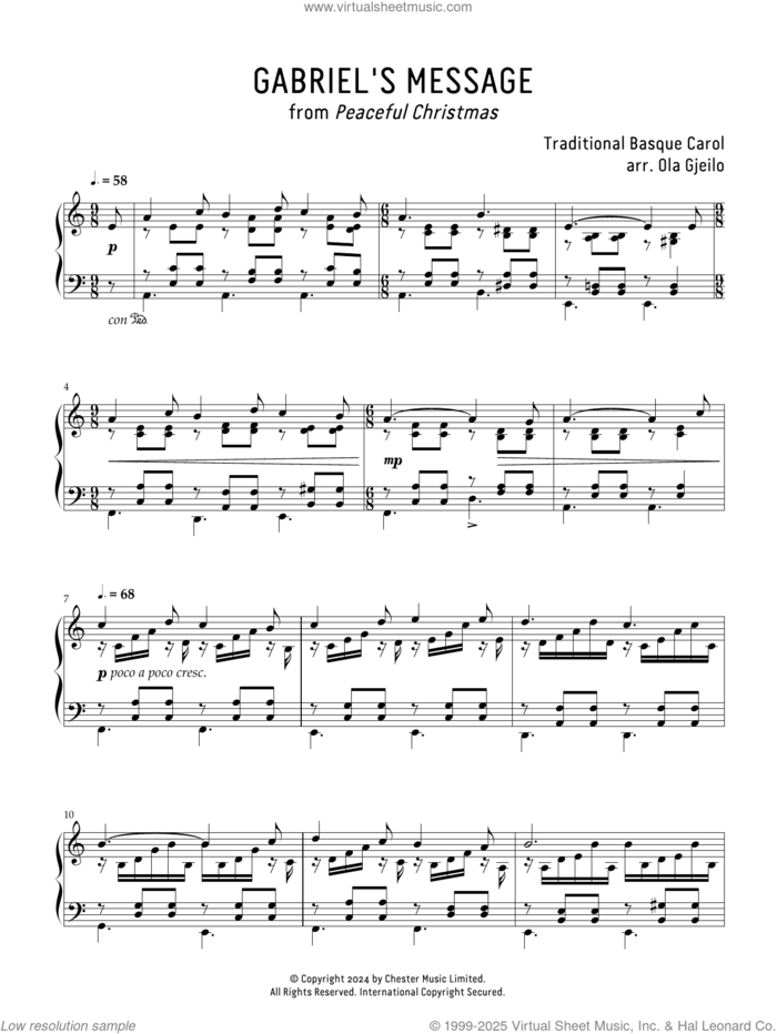 Gabriel's Message sheet music for piano solo by Ola Gjeilo and Miscellaneous, intermediate skill level