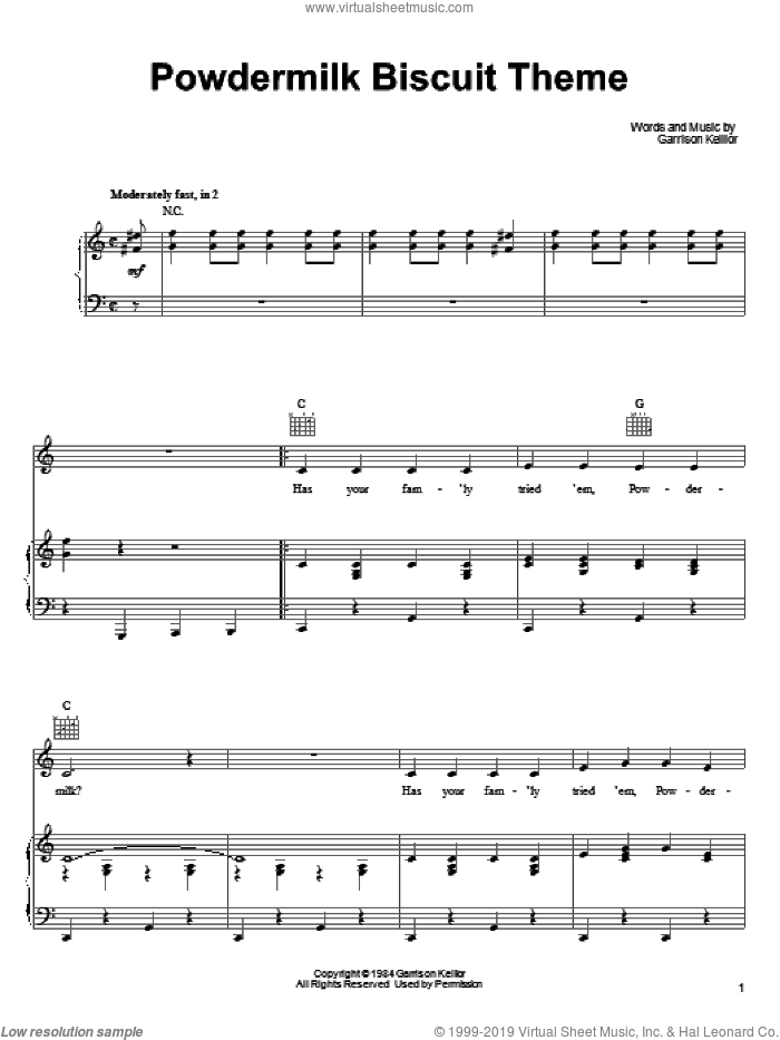 Powdermilk Biscuit Theme sheet music for voice, piano or guitar by Garrison Keillor, intermediate skill level