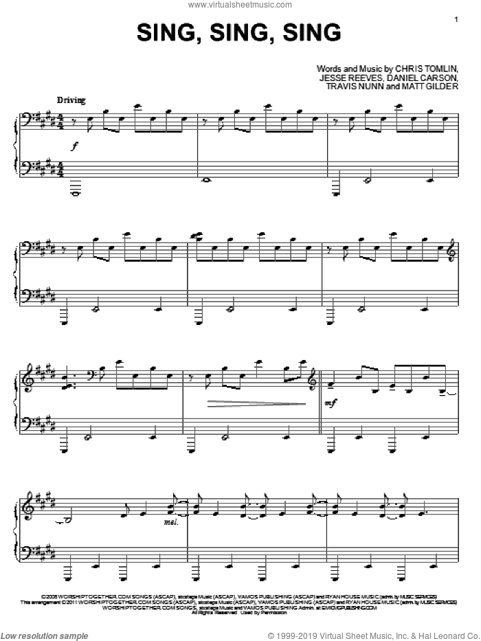 Sing, Sing, Sing, (intermediate) sheet music for piano solo by Chris Tomlin, Daniel Carson, Jesse Reeves, Matt Gilder and Travis Nunn, intermediate skill level