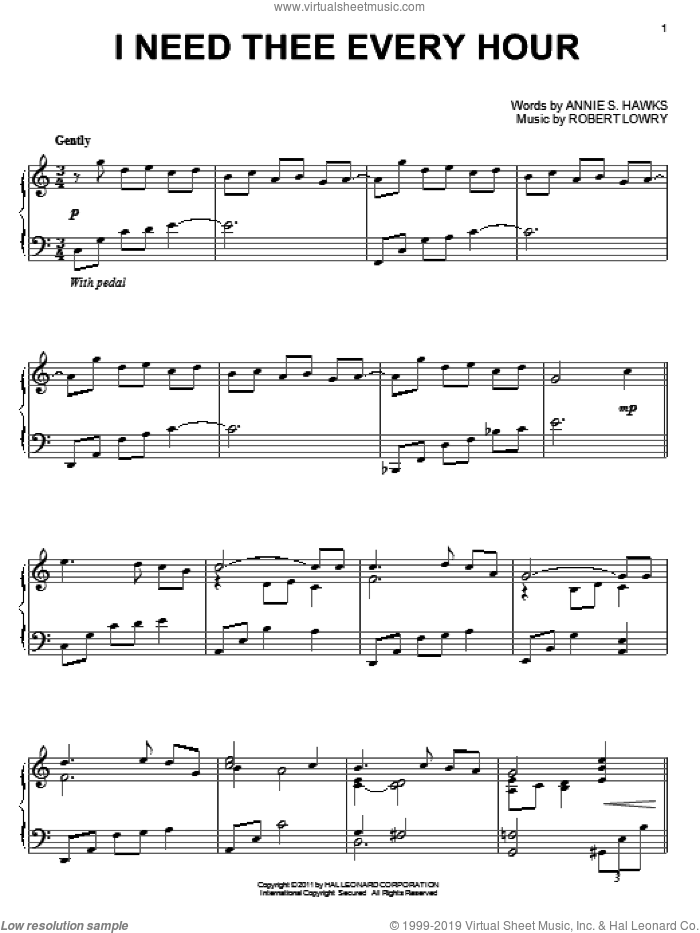 I Need Thee Every Hour, (intermediate) sheet music for piano solo by Annie S. Hawks and Robert Lowry, intermediate skill level