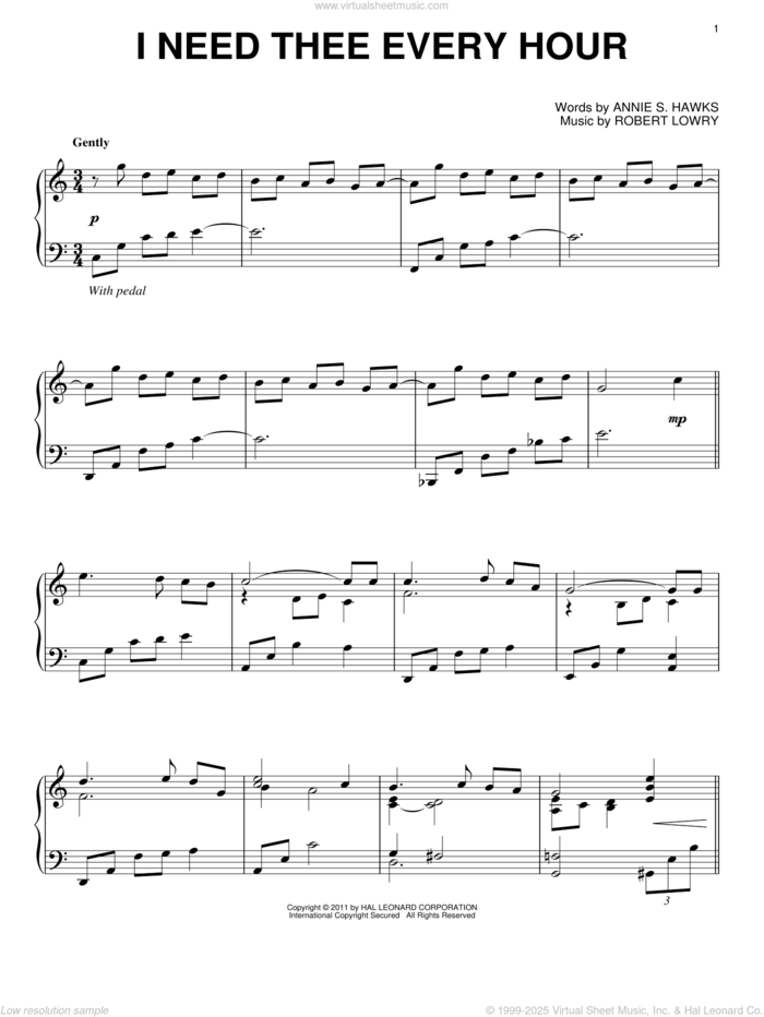 I Need Thee Every Hour, (intermediate) sheet music for piano solo by Annie S. Hawks and Robert Lowry, intermediate skill level