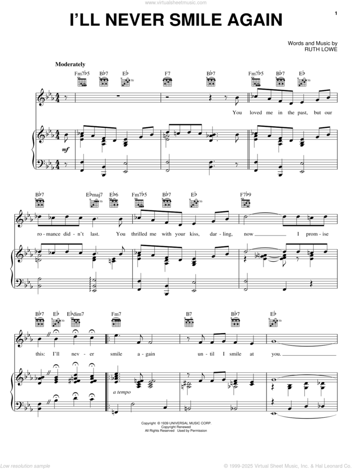 I'll Never Smile Again sheet music for voice, piano or guitar by Frank Sinatra, Dave Brubeck, The Ink Spots, Tommy Dorsey and Ruth Lowe, intermediate skill level