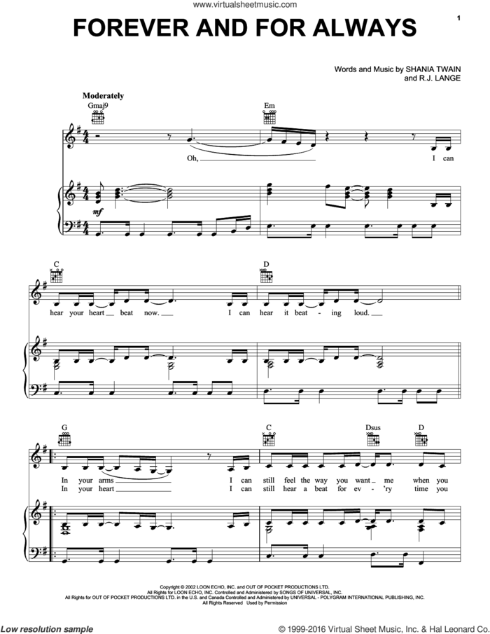 Forever And For Always sheet music for voice, piano or guitar by Shania Twain and Robert John Lange, intermediate skill level