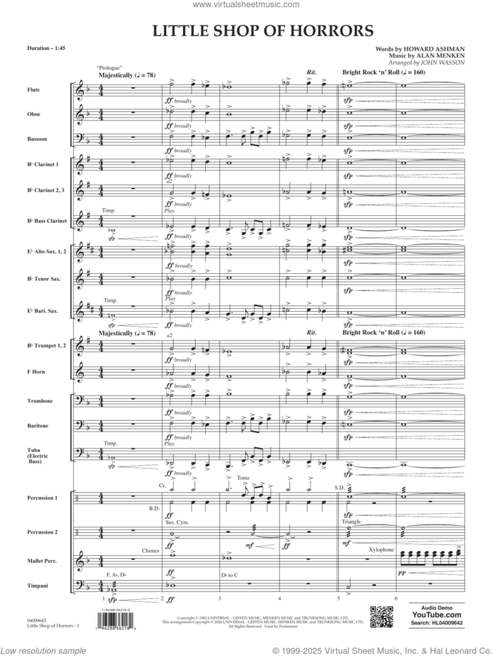 Little Shop Of Horrors (arr. John Wasson) (COMPLETE) sheet music for concert band by Alan Menken, Howard Ashman and John Wasson, intermediate skill level