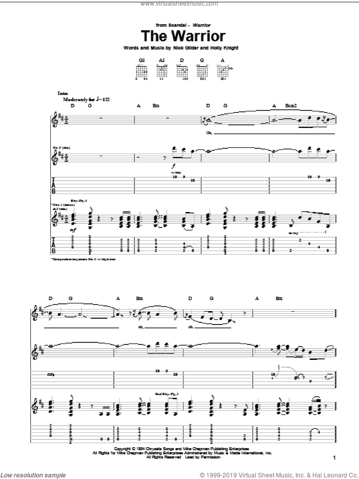 The Warrior sheet music for guitar (tablature) by Scandal, Holly Knight and Nick Gilder, intermediate skill level