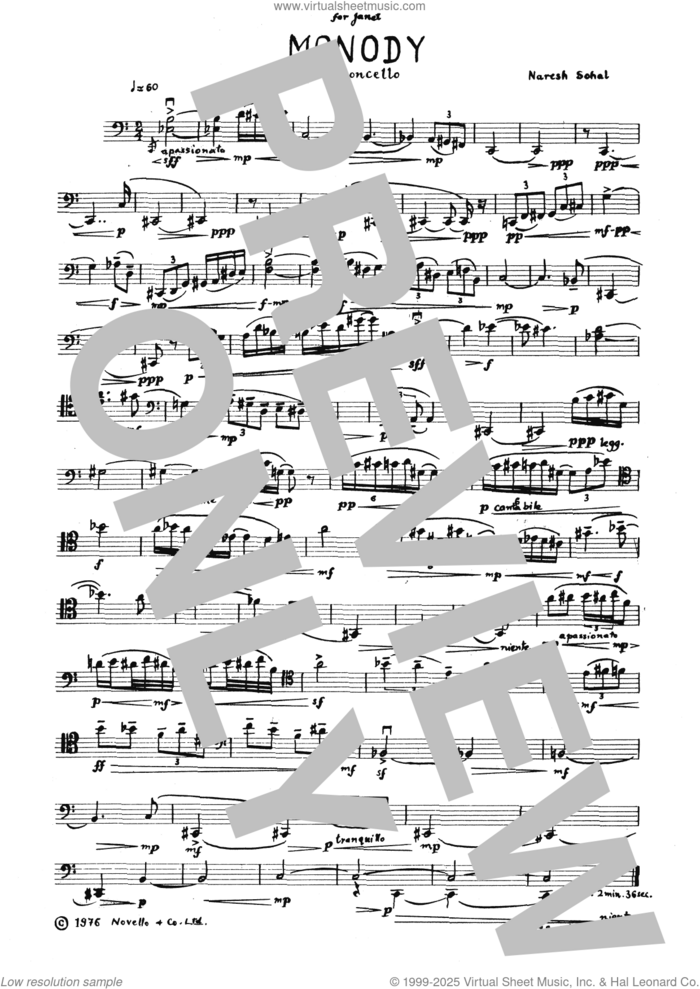 Monody sheet music for cello solo by Naresh Sohal, classical score, intermediate skill level