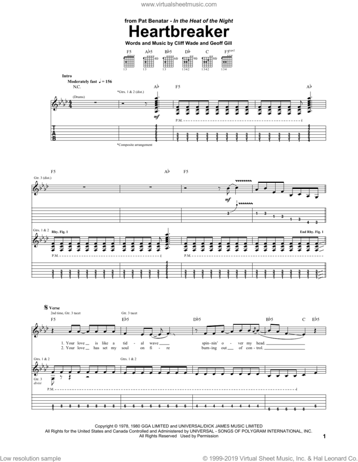 Heartbreaker sheet music for guitar (tablature) by Pat Benatar, Cliff Wade and Geoff Gill, intermediate skill level