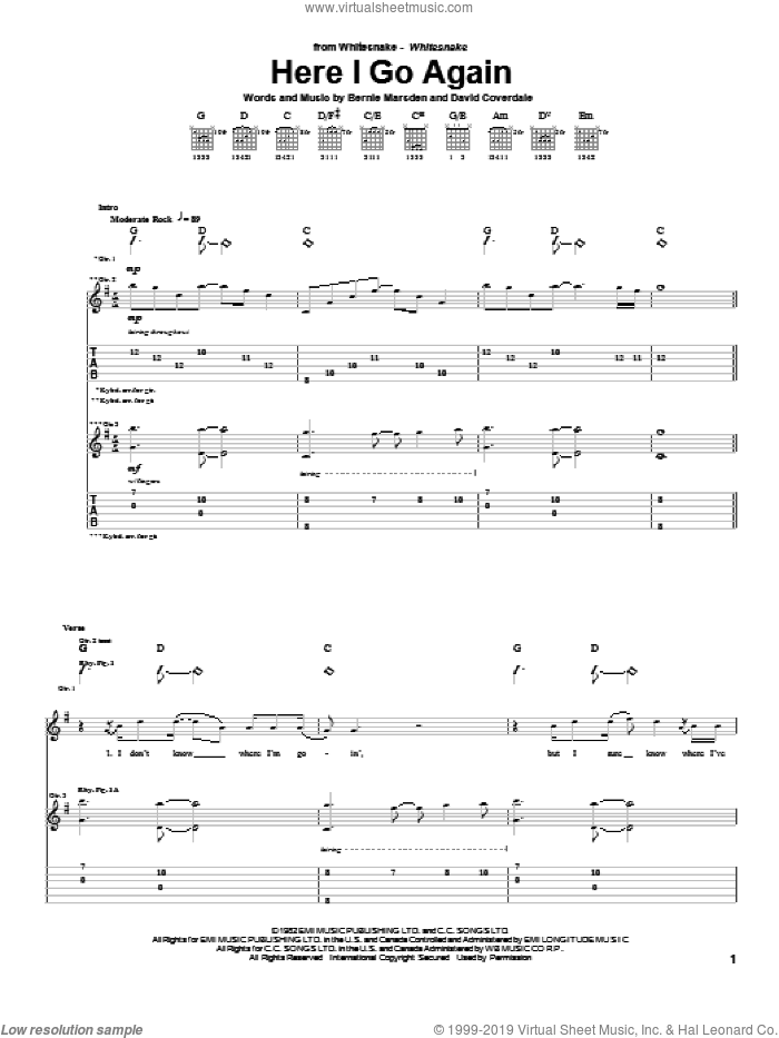 Here I Go Again sheet music for guitar (tablature) by Whitesnake, Bernie Marsden and David Coverdale, intermediate skill level