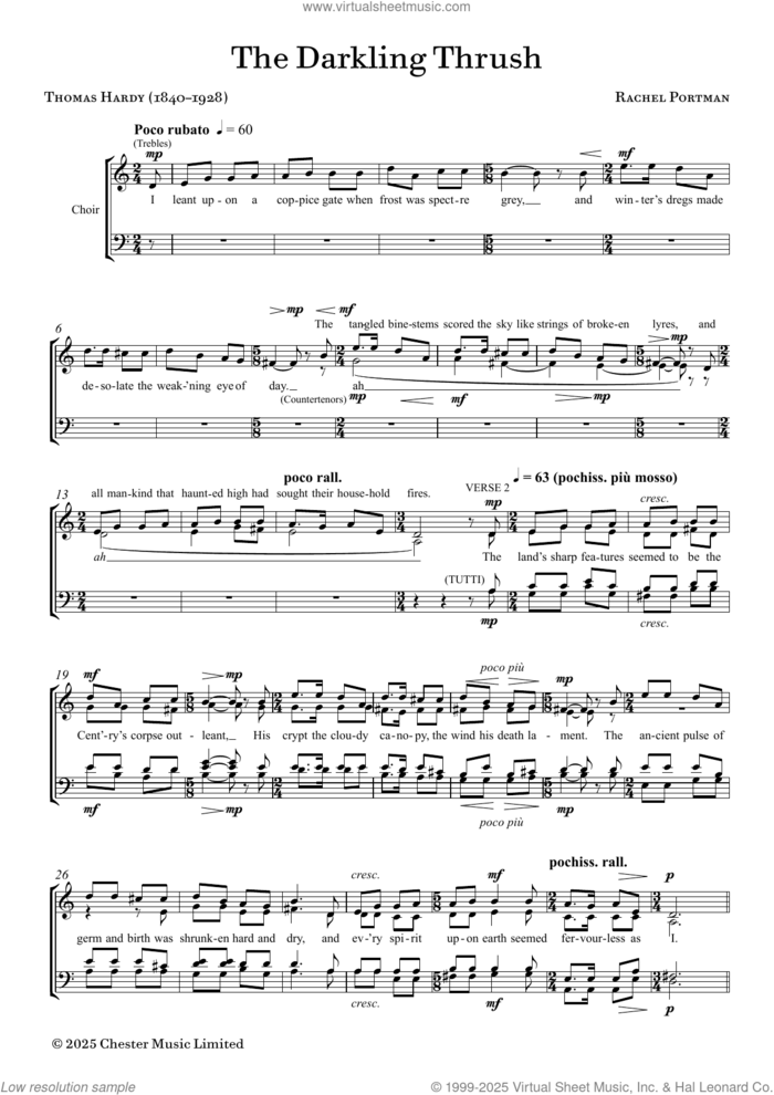 The Darkling Thrush sheet music for choir (SATB: soprano, alto, tenor, bass) by Rachel Portman and Thomas Hardy, intermediate skill level
