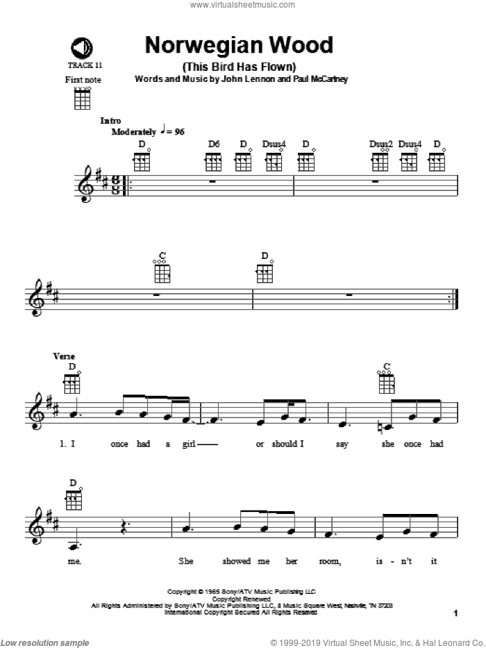 Norwegian Wood (This Bird Has Flown) sheet music for ukulele by The Beatles, John Lennon and Paul McCartney, intermediate skill level