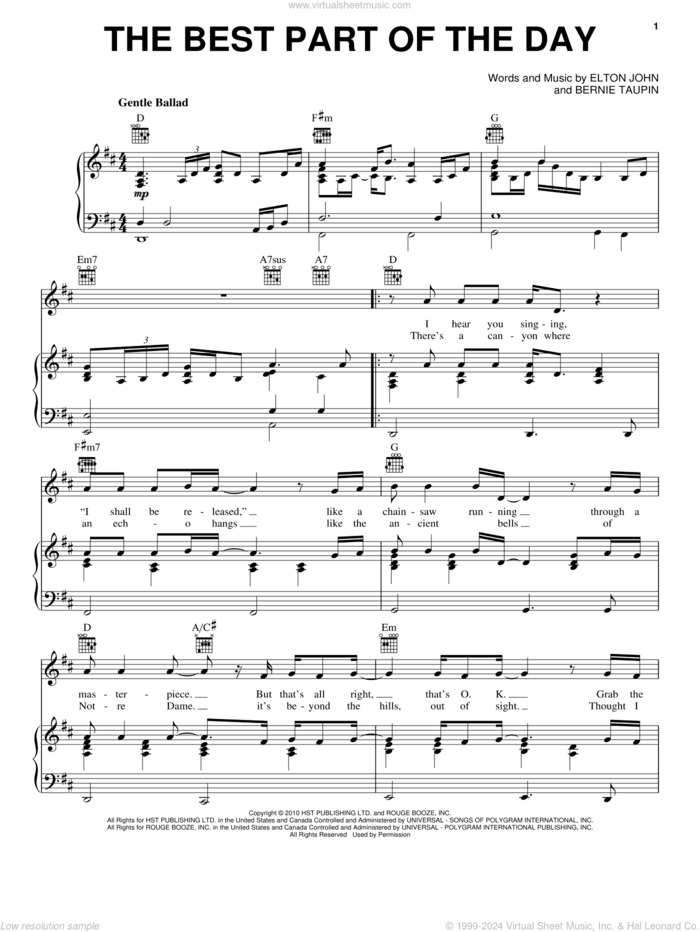 The Best Part Of The Day sheet music for voice, piano or guitar by Elton John, Leon Russell and Bernie Taupin, intermediate skill level