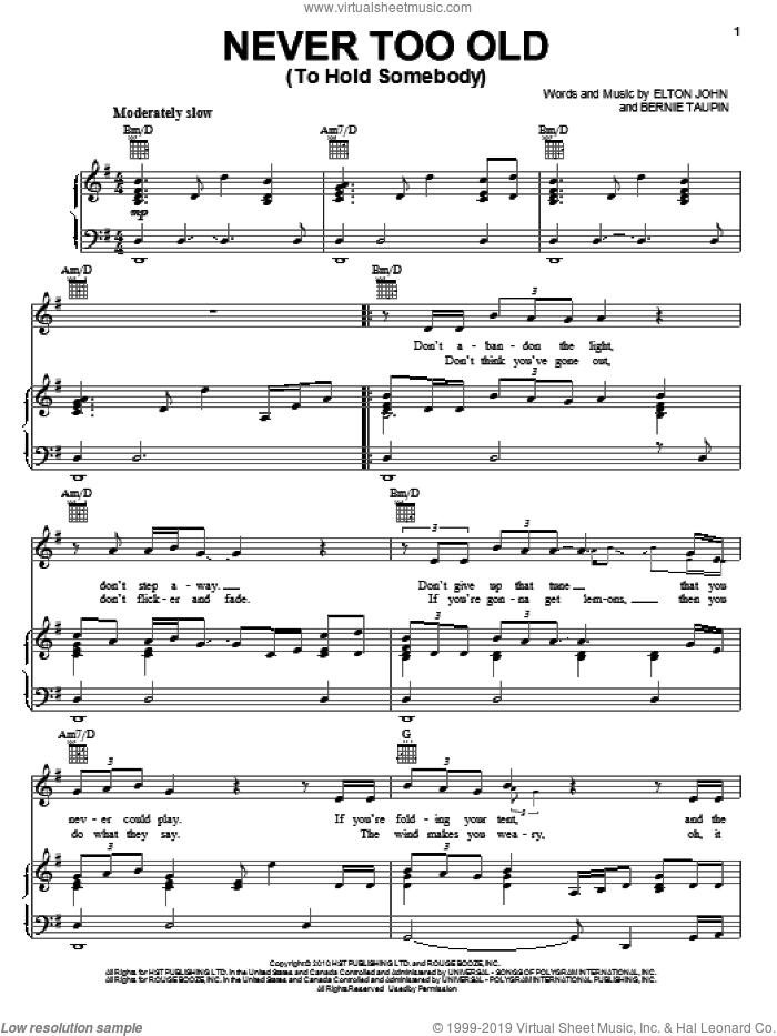 Never Too Old (To Hold Somebody) sheet music for voice, piano or guitar by Elton John, Leon Russell and Bernie Taupin, intermediate skill level
