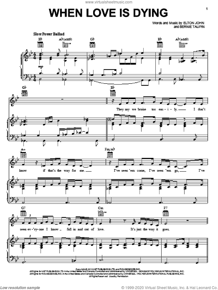 When Love Is Dying sheet music for voice, piano or guitar by Elton John, Leon Russell and Bernie Taupin, intermediate skill level