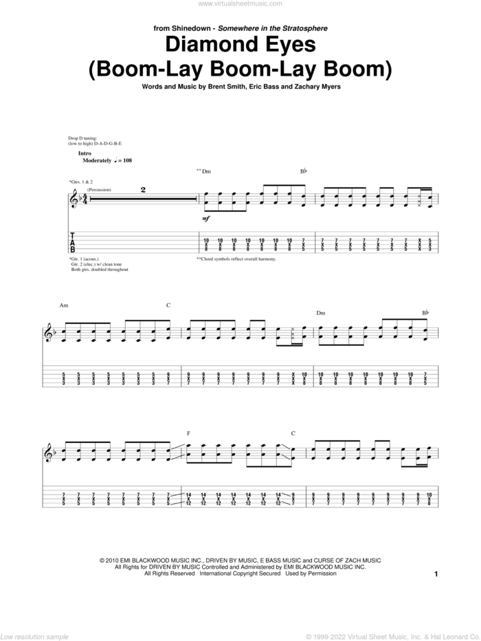 Diamond Eyes (Boom-Lay Boom-Lay Boom) sheet music for guitar (tablature) by Shinedown, Brent Smith, Eric Bass and Zachary Myers, intermediate skill level