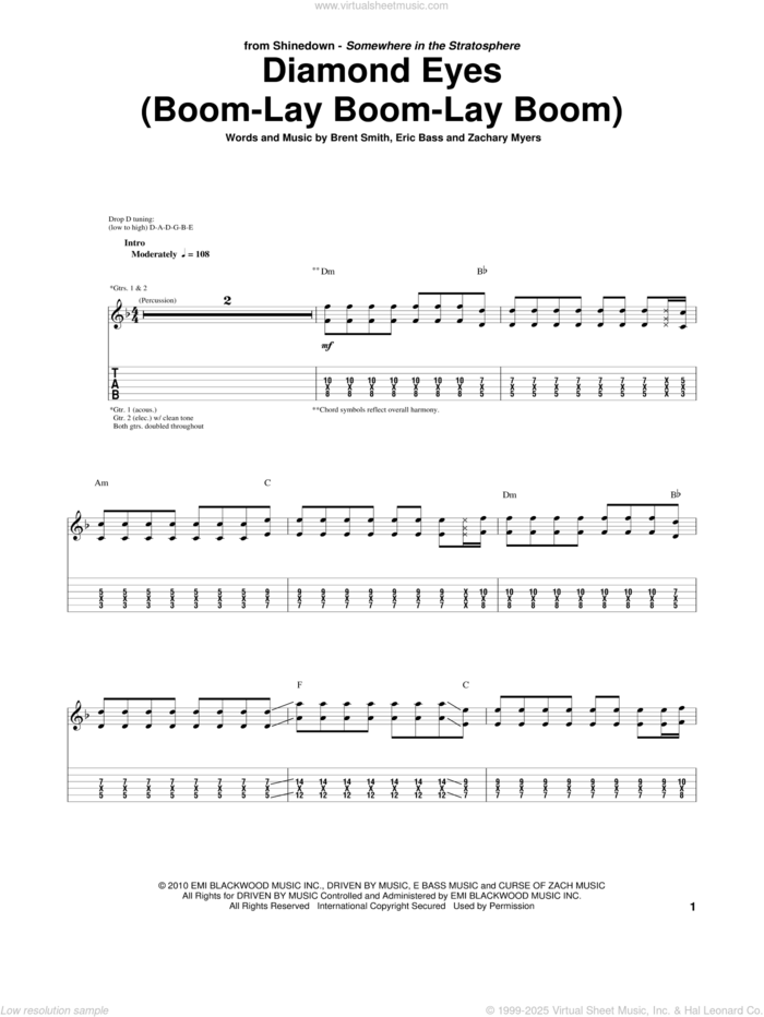 Diamond Eyes (Boom-Lay Boom-Lay Boom) sheet music for guitar (tablature) by Shinedown, Brent Smith, Eric Bass and Zachary Myers, intermediate skill level