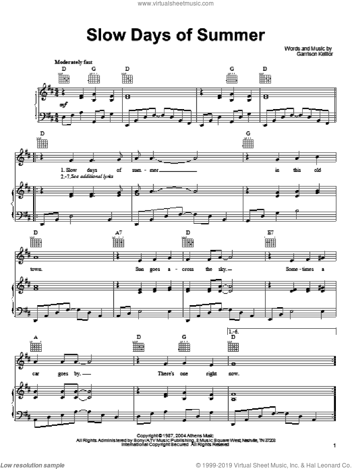 Slow Days Of Summer sheet music for voice, piano or guitar by Garrison Keillor, intermediate skill level