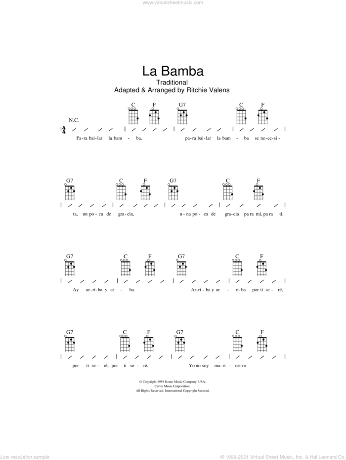 La Bamba sheet music for ukulele (chords) by Los Lobos and Ritchie Valens, intermediate skill level